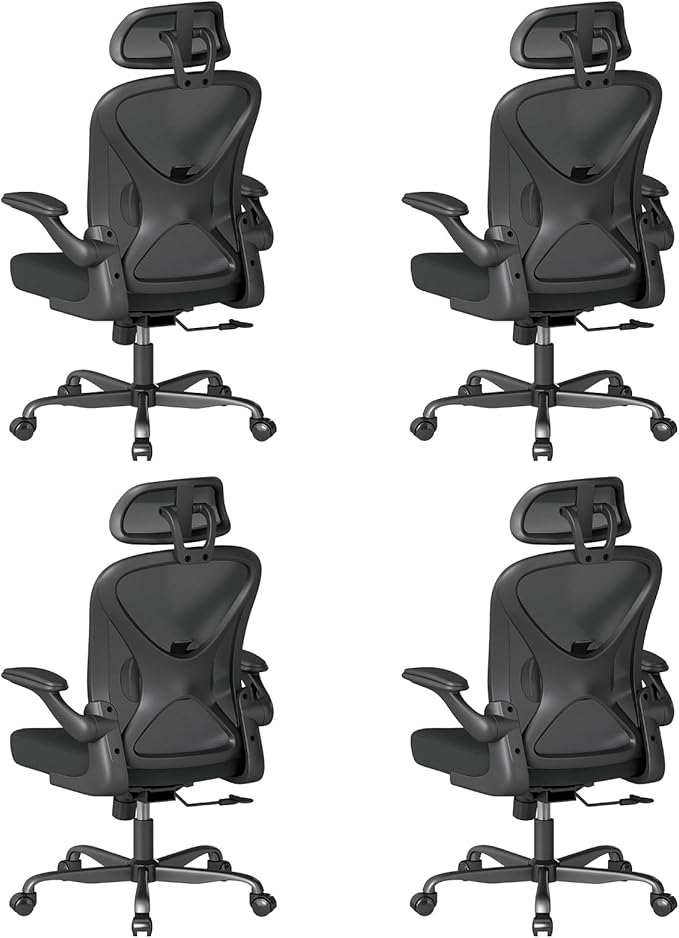 ZZH Ergonomic Office Chair Set of 4 with Adjustable Lumbar Support and Headrest, Mesh Home Office Desk Chair with Wheels and Flip-up Arms, Black