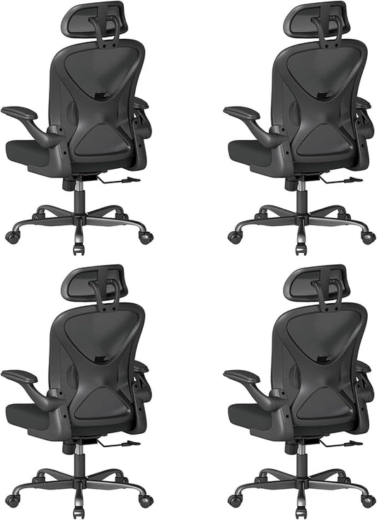 ZZH Ergonomic Office Chair Set of 4 with Adjustable Lumbar Support and Headrest, Mesh Home Office Desk Chair with Wheels and Flip-up Arms, Black