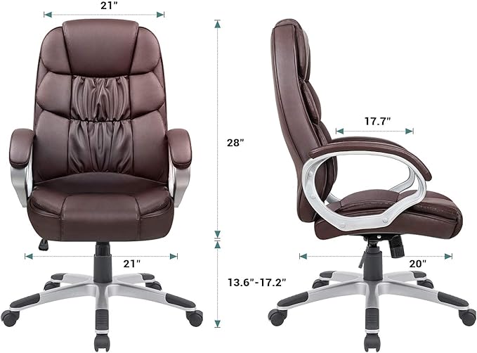 GUNJI Office Chair PU Leather High Back Executive Chair Ergonomic Computer Chair, Modern Adjustable Home Desk Chair Swivel Managerial Chair with Padded Armrests and Lumbar Support (Brown)