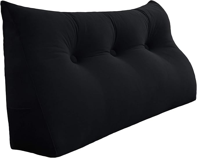 Johnear Wedge Headboard Large Bolster Pillow Reading Pillows for Sitting in Bed Adult， Velvet Triangular Cushion Backrest Lumbar Back Support Upholstered Daybed Sit Up Book Pillows（Black, King）