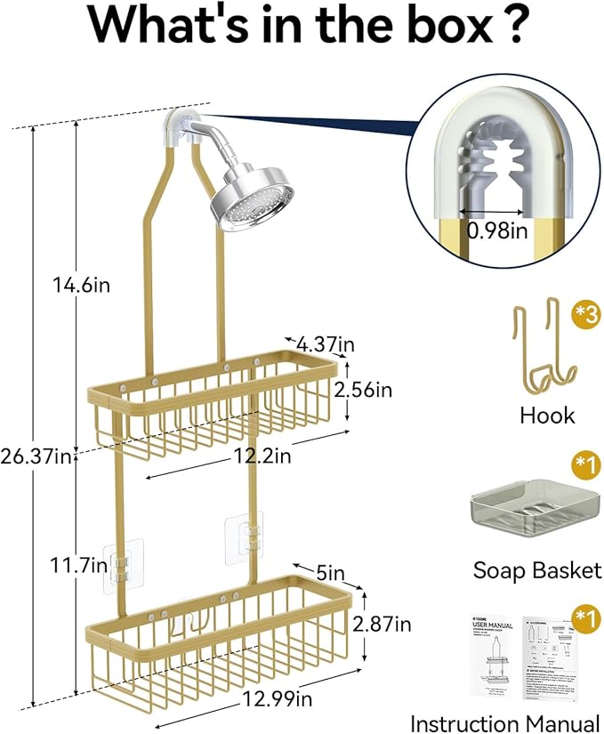 YASONIC Shower Caddy Hanging, Never Rust Shower Organizer Hanging, Aluminum Shower Racks for Inside Shower with Hooks for Razor, Bathroom Organizers and Storage with Soap Holder, Gold