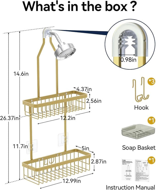 YASONIC Shower Caddy Hanging, Never Rust Shower Organizer Hanging, Aluminum Shower Racks for Inside Shower with Hooks for Razor, Bathroom Organizers and Storage with Soap Holder, Gold