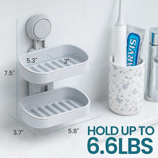 TAILI Double Layer Soap Dish Holder Suction Cup, Strong Sponge Holder for Shower, No Tools Soap Saver for Bathroom, Tub and Kitchen Sink, Shower Accessories, Drill-Free, Removable, Grey