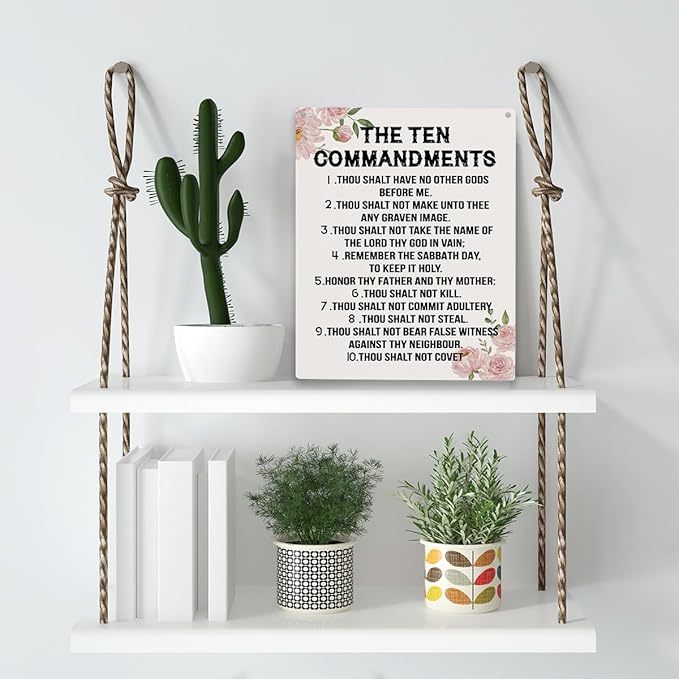 YCYD Ten Commandments Decor,10 Commandments Desk Poster, Christian Bible Verse Decor Religious Home Rustic Wooden Box Sign for Living Room Bedroom Office 10 x 8 Inches flower