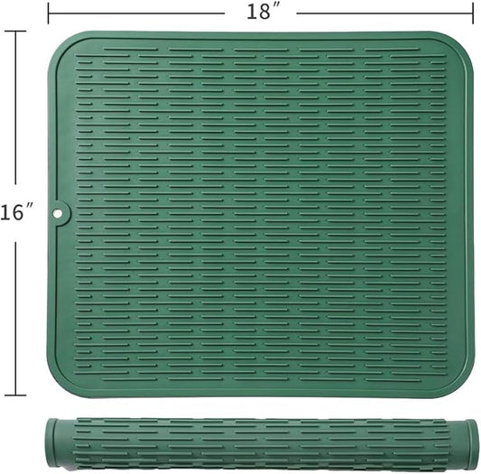 Silicone Dish Drying Mat for Multiple Usage,Easy clean,Eco-friendly,Heat-resistant Silicone Mat for Kitchen Counter or Sink,Refrigerator or Drawer Liner Green XL 18 inches x 16 inches