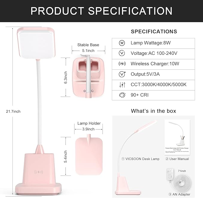 Desk Lamps for Home Office, LED Desk Lamp with Wireless Charger Pencil Holder, 3 Color Modes Dimming Desk Light for College Dorm Room, Girls Study Lamp with CRI 90+ 800 Lumen - Pink