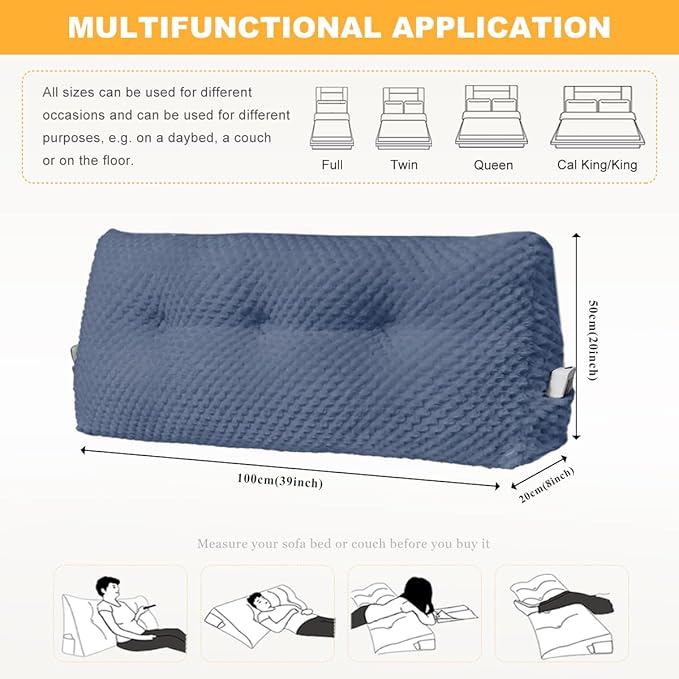 Large Triangular Headboard Wedge Pillow Soft and Supportive Headboard Backrest Positioning Support Bolster Cushion, Bed Wedge Pillow with Removable Cover(Dark Blue,Twin,39x8x20inch)