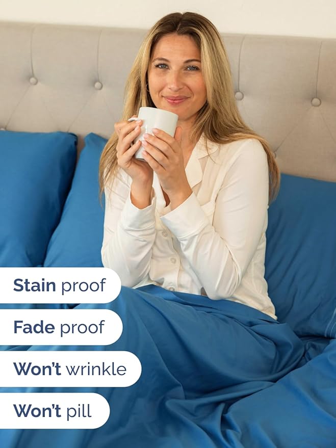 Extra Deep Pocket Cal King Sheets - 4 Piece Breathable & Cooling Bed Sheets - Hotel Luxury Sheet Set - Soft, Wrinkle Free & Comfy - Easily Fits Extra Deep Mattresses - Deep Pocket Denim Blue Sheets