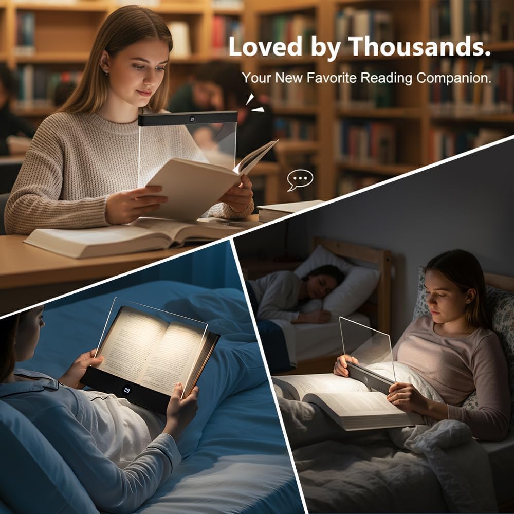 PolishWiz Rechargeable Book Light with Clear LED Flat Panel, 3 Color Modes & Timer, Dimmable Full Page Reading Light for Reading in Bed at Night, Book Lights for Readers Kids Adults (Black)