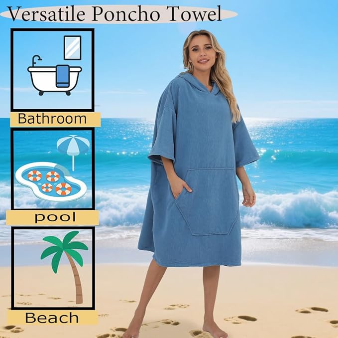 Surf Poncho Hooded Beach Towel, Quick Dry Terry Cloth, Extra Large Changing Robe with Pockets for Adults, Unisex Peacock Blue Cover-Up for Swim, Bath, Beach, Gift for Swimmer Lovers