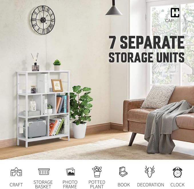 CAPHAUS 7 Cube Storage Organizer, 32” Wide 3 Tier White Industrial Open Shelf Bookcase, Display Shelf, Horizontal Bookshelf with Metal Frame, Wooden Board, for Living Room, Bedroom, Office
