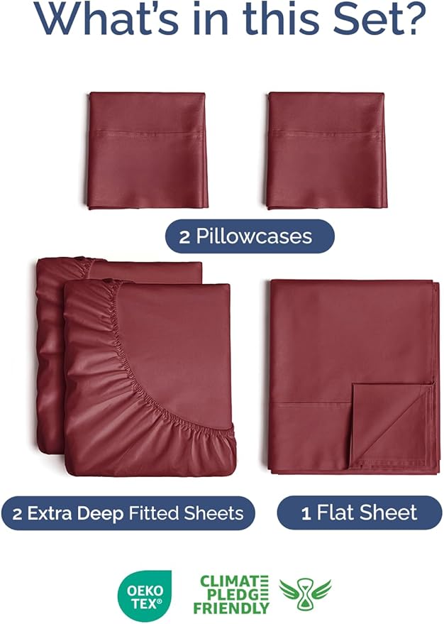 Extra Deep Pocket Split King Sheets - 5 Piece Breathable & Cooling Bed Sheets - Hotel Luxury Sheet Set - Soft, Wrinkle Free & Comfy - Easily Fits Extra Deep Mattresses - Deep Pocket Burgundy Sheets