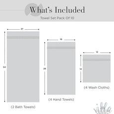 100% Combed Cotton Bathroom Towel Set of 10-2 Bath Towels, 4 Hand Towels, 4 Wash Cloths, Sustainable, Soft, Highly Absorbent 10 Piece Cotton Bath Towel Set Ideal for Hotels, Spa, Bathroom, Dorm, White