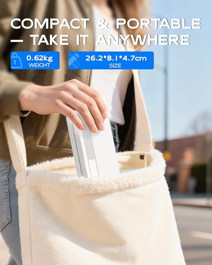Bluetooth Portable Thermal Printer for Phone & Laptop, Inkless Travel Printer Support 3”/4”/8” Roll Paper, Small Mobile Printers for A4 Documents, Contracts, Receipts(Includes 2 Rolls Paper)