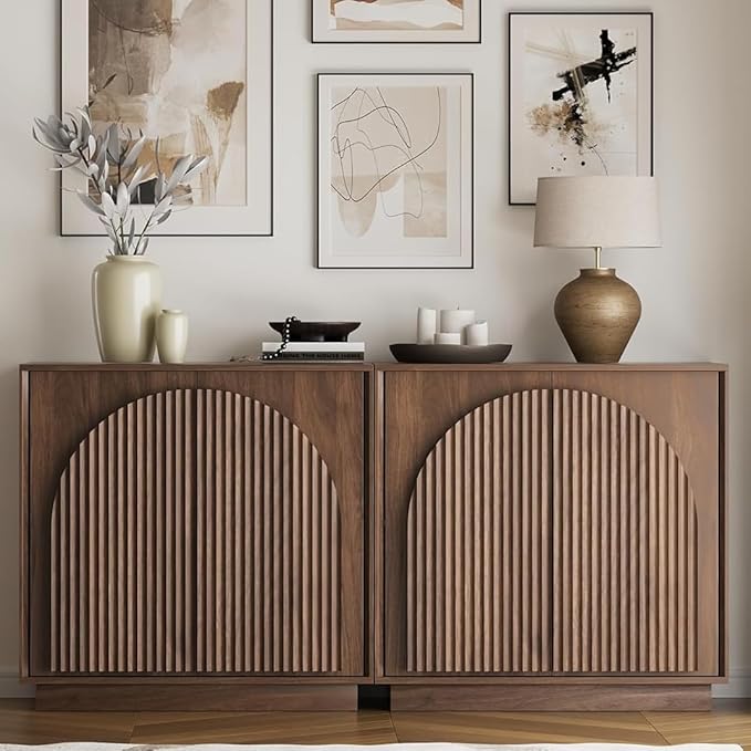 win2win Fluted Sideboard Buffet Cabinet with Storage, 31.5" Mid Century Modern Accent Cabinet with Double-Layered Arch Door, Small Wood Console Credenza for Dining Living Room Entryway, Walnut, 2PCS