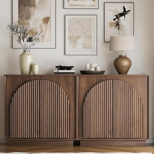 win2win Fluted Sideboard Buffet Cabinet with Storage, 31.5" Mid Century Modern Accent Cabinet with Double-Layered Arch Door, Small Wood Console Credenza for Dining Living Room Entryway, Walnut, 2PCS