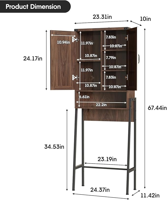Over The Toilet Storage Cabinet with 2-Door Design Bathroom Organizers and Storage with Anti-Tip Device Over Toilet Organizer with Shelves for Bathroom,Restroom,Laundry Espresso