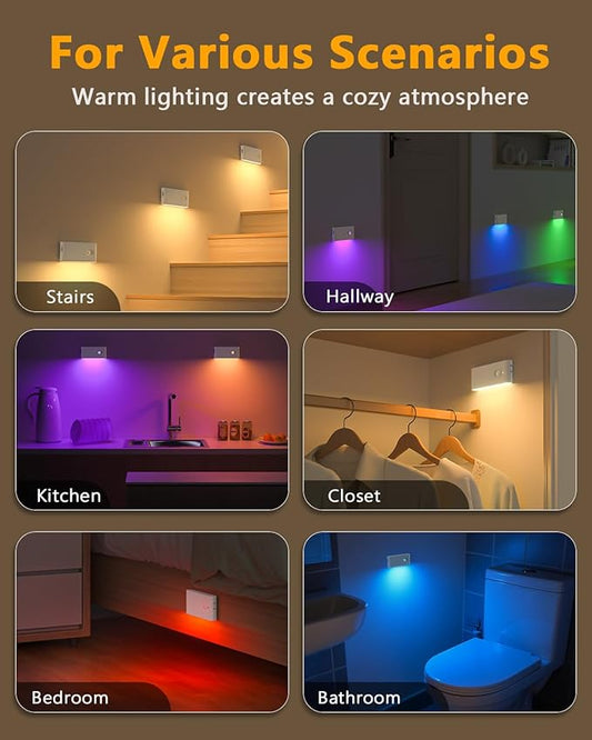 WILLED Stair Lights Indoor RGB & Warm White,Rechargeable Motion Sensor Night Light,Wireless Motion Sensor Lights Indoor for Stair,Bathroom,Hallway,Kitchen,Closet,Cabinet,Bedroom,Kids' Room