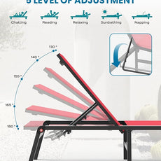 Foldable Pool Lounge Chairs, Aluminum Chaise Lounge Outdoor with 5 Positions Recliner - Free Assembly - Patio Lounge Chair for Poolside, Beach (Red)