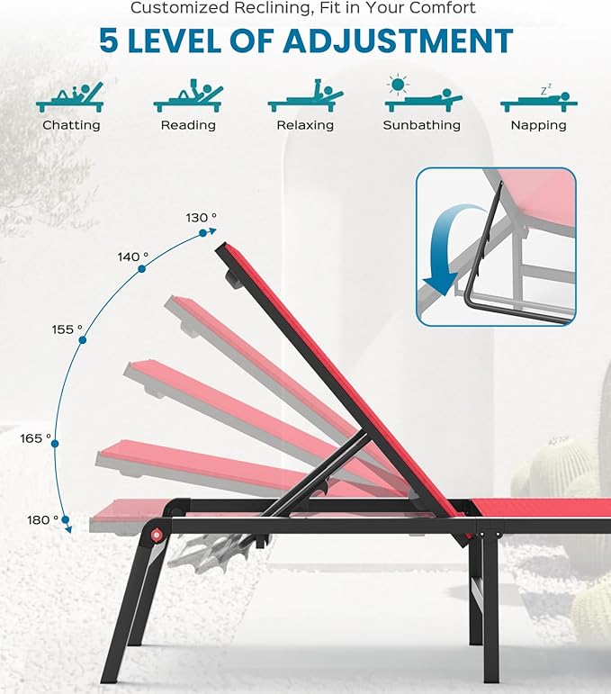 Foldable Pool Lounge Chairs, Aluminum Chaise Lounge Outdoor with 5 Positions Recliner - Free Assembly - Patio Lounge Chair for Poolside, Beach (Red)