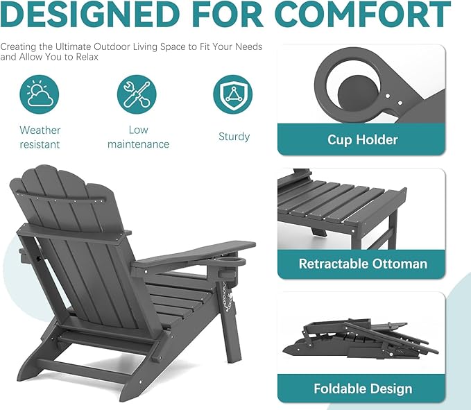 FOOWIN Adjustable Adirondack Chair with Retractable Ottoman Set of 4, Folding Adirondack Chair with Cup Holder, HDPE All-Weather Fire Pit Chair for Patio, Yard, Poolside, Grey