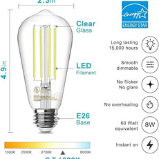 TJOY 6 Pack E26 Base Vintage LED Edison Light Bulbs, 60W Equivalent Dimmable, 4000K Natural White, 8W ST58 LED Filament Bulbs, 800Lumens, CRI80+, Antique Glass Style for Home, Bedroom, Farmhouse