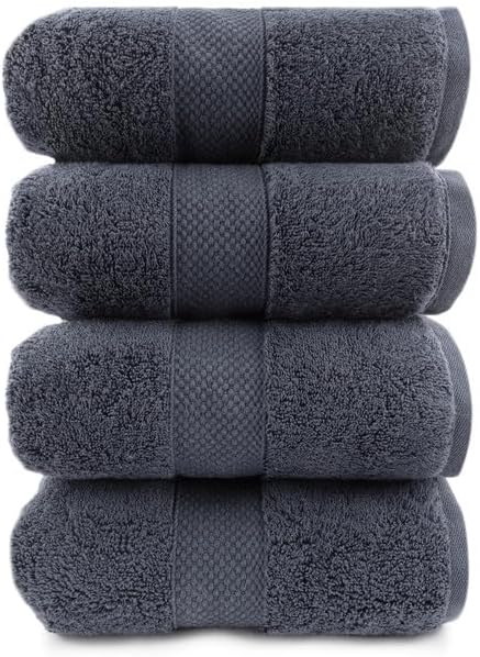 Maisonette Loft Egyptian Cotton Turkish Bath Towels, Soft, Absorbent, Ideal Quick Dry Large Luxury Bathroom Towel Set for Shower (30" x 58", 4 Pack), Dark Grey (Charcoal)