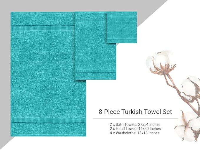 Towel Bazaar Premium Cotton Super Soft and Absorbent Turkish Towels (8-Piece Towel Set, Aqua Blue)