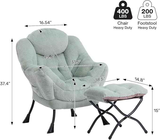 HollyHOME Lazy Chair with Foldable Ottoman, Accent Comfy Lounge Armchair and Folding Footrest Stool, Leisure Sofa Reading Chair and Footstool for Living Room, Bedroom, Dorm,Faux Fur Pea Green