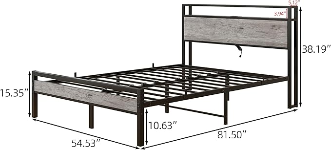 HOJINLINERO Full Size Bed Frame with Storage Headboard/USB Charging Station,Metal Platform Bed Frame Full Size No Box Spring Needed,Noise-Free,Strong Steel Slats Support,Warm Grey