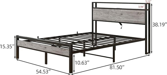 HOJINLINERO Full Size Bed Frame with Storage Headboard/USB Charging Station,Metal Platform Bed Frame Full Size No Box Spring Needed,Noise-Free,Strong Steel Slats Support,Warm Grey