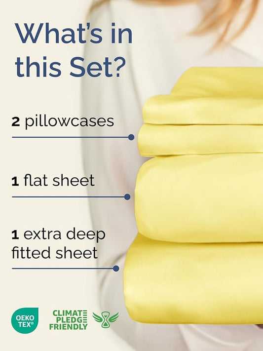 Extra Deep Pocket Queen Sheet Set - 4 Piece Breathable & Cooling Bed Sheets - Hotel Luxury Sheet Set - Ultra Soft, Wrinkle Free & Comfy - Easily Fits Extra Deep Mattresses - Deep Pocket Yellow Sheets