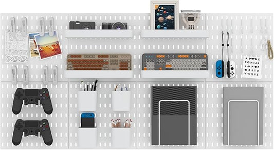 Pegboard Combination Kit, Wall Mounted Storage Set with 8 Pegboards & 28 Accessories Hanging, Peg Boards Organizer for Walls Display, Crafts Organization, Kitchen Organizer, 22" x 44" White