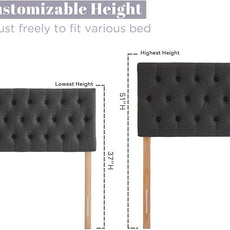 Kingfun Tufted Upholstered Twin Size Bed Headboard in Modern Button Design, Adjustable Solid Wood Head Board, Premium Linen Fabric Padded Headboards in Bedroom (Dark Grey)