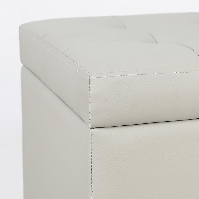 Leather Storage Ottoman with Hinged Lid, Square Foot Rest Stool Tufted Cube Footstool, Beige Grey