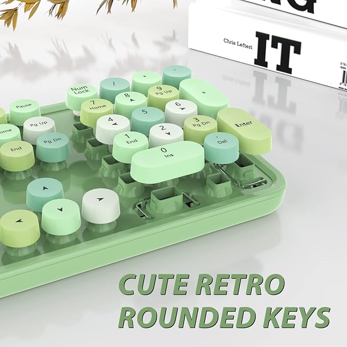 Green Wireless Keyboard and Mouse, KOOTOP Cute Green Colorful Keyboard and Mouse, 2.4G Wireless Keyboard with Retro Round Keycap for PC, Mac, Laptop,Tablet,Computer Windows (Green)
