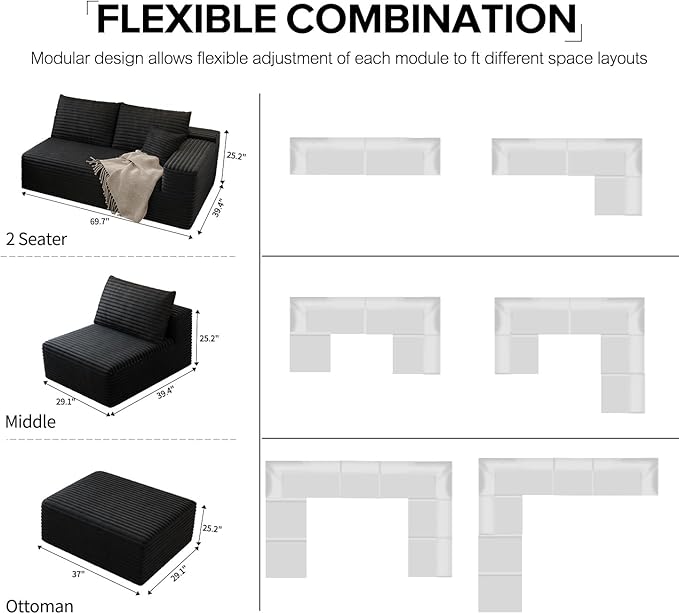168.5" Modular Sectional Sofa, Oversized U-Shaped Minimalist Couches with 1 Middle Seat and 2 Ottomans Chaise, Modern Deep Seat Convertible Sleeper Sofa, Cloud Plush Corduroy Fabric,7 Seater, Black