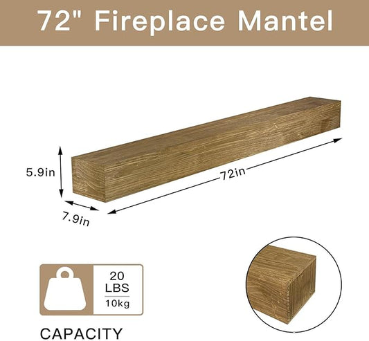 Fireplace Mantel Shelve, Solid Wood Baked Finish Wall-Mounted Floating Shelf for Over Fireplace, Handcrafted Floating Fireplace Mantels with Wooden Bracket, 72x 8 x 6 Inches