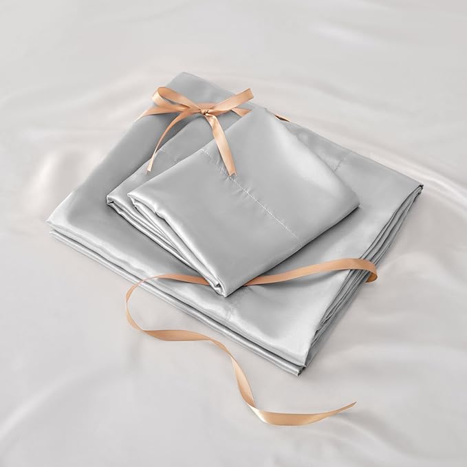 BEDELITE Satin Sheets Twin XL Size Bed Set, Luxury Soft Grey Silky Sheets for Hair and Skin, Similar to Silk Bed Sheets Set 3 Pieces with 1 Deep Pocket Fitted Sheet, 1 Flat Sheet, and 1 Pillowcase
