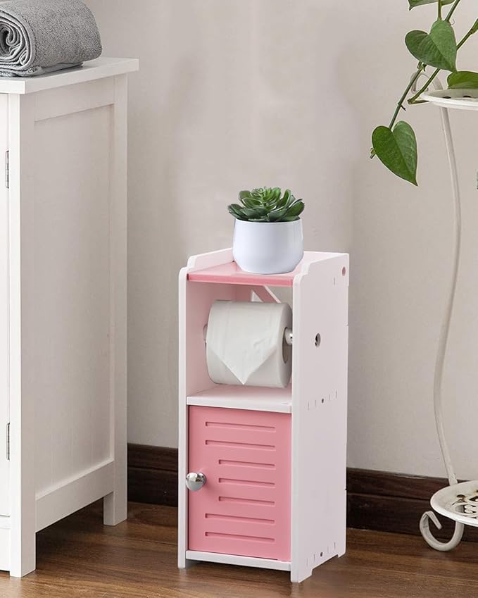AOJEZOR Toilet Paper Holder Stand: PVC Freestanding Cabinet Storage for Small Bathroom Spaces for Homes and Renters-Jelly Pink