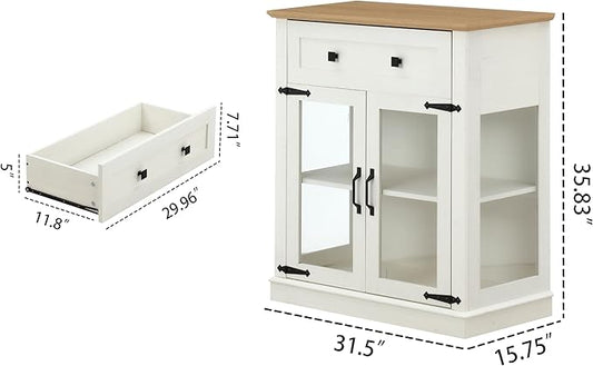 Modern 31.5'' Small Sideboard Buffet Cabinet with Storage,Small Coffee bar Cabinet with a Drawer and Adjustable Shelf,Glass Doors Sideboard Buffet with LED for Kitchen,Antique White