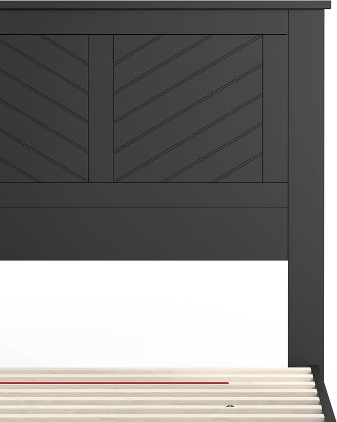 Serene Farmhouse Style Wood Bed in Twin Size with Chevron Scoring Headboard, Coastal Modern Design, Sturdy, Easy Assembly, Ample Underbed Storage, Black Finish