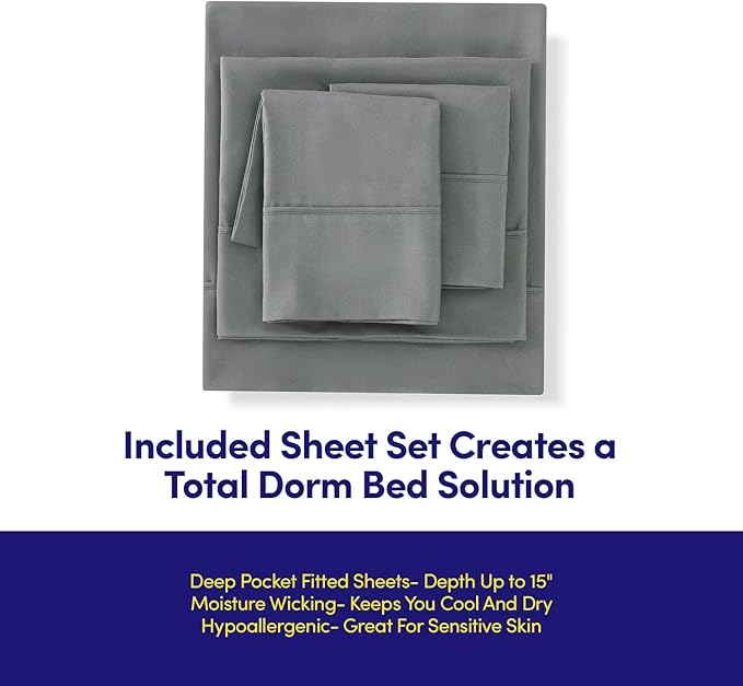 Dorm Room Essentials College Bedding Comforter Set 7 Piece Full Size Bed in a Bag for College Students Boys and Girls, Full, Gray