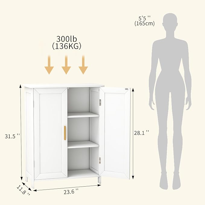 Bathroom Storage Floor Cabinet Freestanding Organizer with Adjustable Shelves for Bathroom Laundry Room,2 Doors