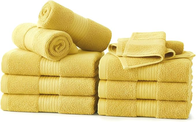Ample Decor Wash Cloths Pack of 10, Oeko Tex Certified 600 GSM 100% Cotton Soft Absorbent, Premium Quality Durable Machine Washable, Ideal for Bathroom, Pool, Hotel, Spa – Yellow