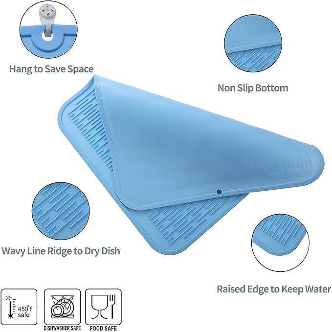 Silicone Dish Drying Mat for Multiple Usage,Easy clean,Eco-friendly,Heat-resistant Silicone Mat for Kitchen Counter or Sink,Refrigerator or Drawer Liner Light Blue XL 18 inches x 16 inches