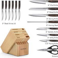 Yatoshi 15 Piece Knife Block Set - Pro Kitchen Knife Set Ultra Sharp High Carbon Stainless Steel with Ergonomic Handle