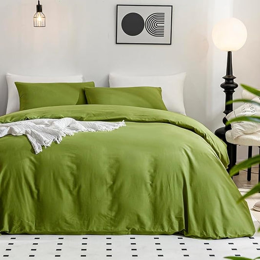 JELLYMONI Christams Duvet Cover California King - 100% Washed Cotton Linen Like Textured Comforter Cover, 3 Pieces Soft Cooling Bedding Set with Zipper Closure (Avocado Green, Calking 104"x98")