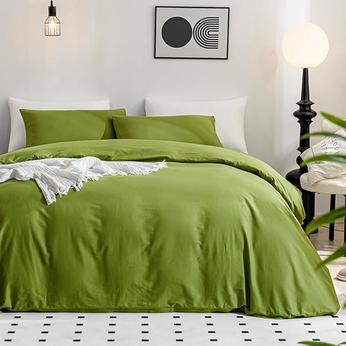 JELLYMONI Christams King Size - 100% Washed Cotton Linen Like Textured Comforter Cover, 3 Pieces Breathable Soft Bedding Set with Zipper Closure (Avocado Green, King 104"x90")