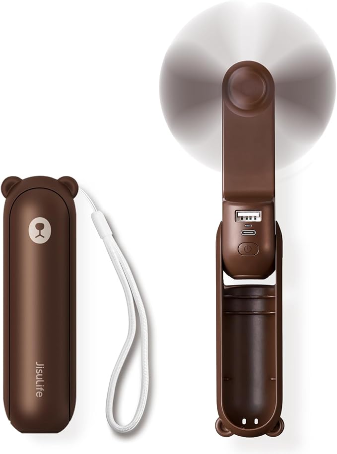 JISULIFE Handheld Mini Fan, 3 IN 1 USB Rechargeable Portable Fan [12-19 Working Hours] with Power Bank, Flashlight, Pocket Design for Travel/Summer/Concerts/Lash, Gifts for Women (Brown)